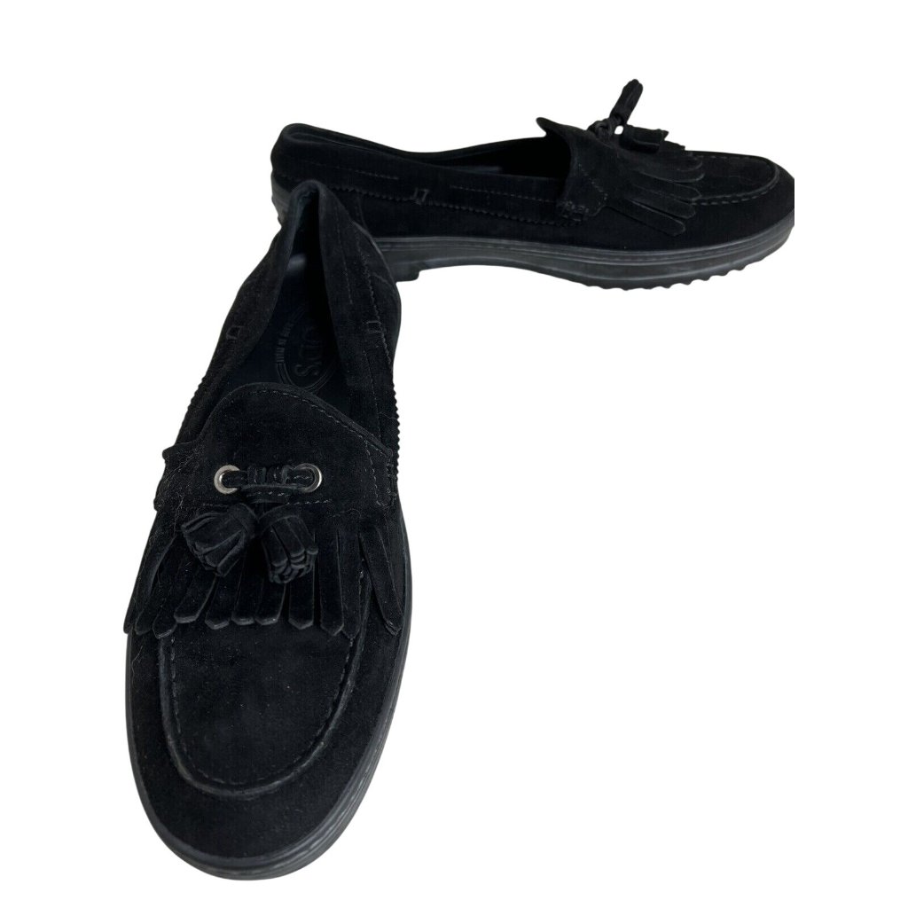Tods Womens Black Suede Fringe Loafers Size 40